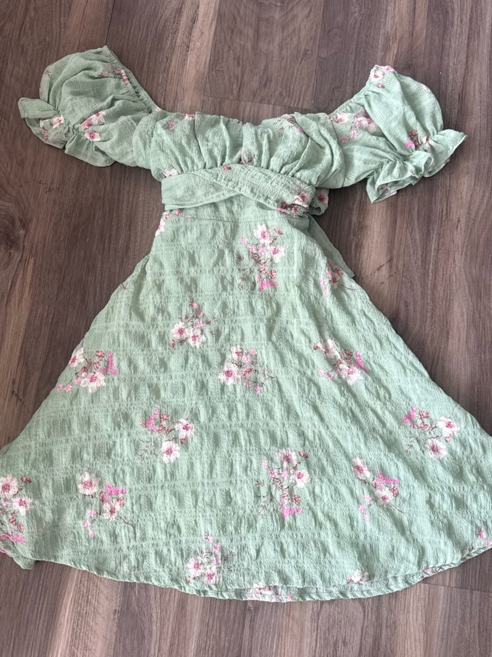 Altar'd State Sage Green Floral Off-Shoulder Dress with Pink Blooms